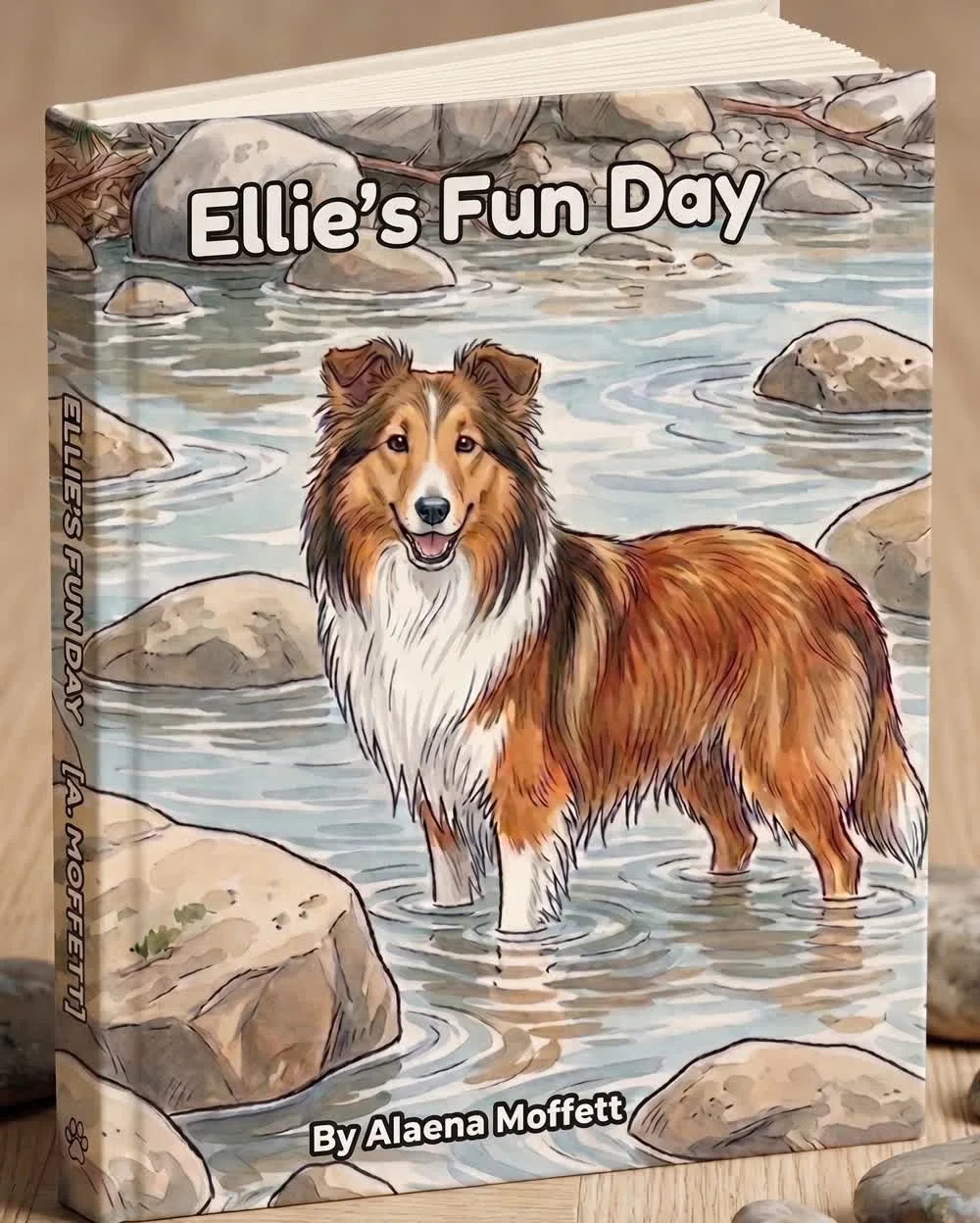 Ellie's Fun Day, a hardback picture book: a watercolour of Ellie standing in a rocky mountain stream